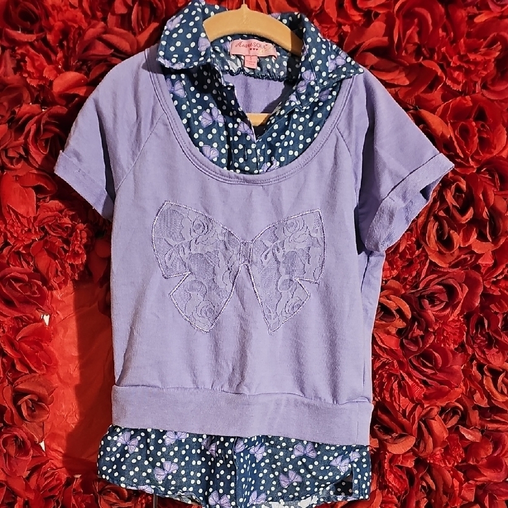 Heart Soul Girls Purple Shirt with Bow Lace Design Size Small